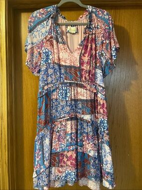 Anthropologie Floral Patchwork V-Neck Dress in Pink, Blue & Brown L26